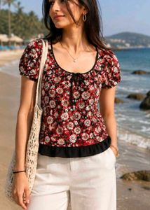 Floral Print Boho Top with Tie Neck