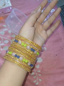 Set of 2 Golden Bangles with Colorful Stones