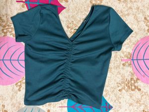 Ruched Dark Green V-Neck Crop Top