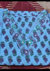 Beautiful Blue Printed Kurta Set with Mirror Work