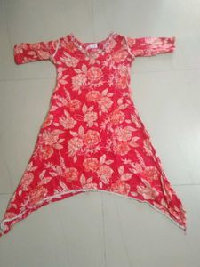 Red Floral Kurta with Embellished Neckline