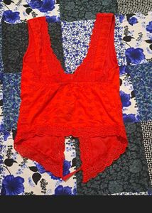 Shein Chic Red Lace-Trimmed Tie-Front Top