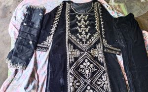 Black Velvet Embroidered Kurta Set