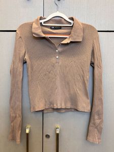 ZARA Ribbed Polo Neck Long Sleeve Top