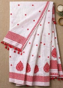 Elegant White Saree with Red Embroidery