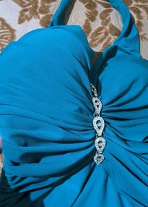 Elegant Teal Halter Neck Embellished Maxi Dress