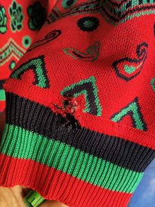 Vintage Red Patterned V-Neck Sweater