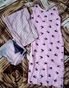 Pink Bird Print Dress & Scarf Set, kurta has cotto