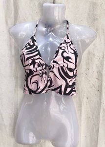 619. Trendy Pink &amp; Black Tribal Print Bikini Top