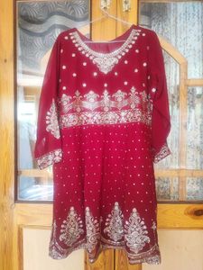 Red Embroidered party wear Kurta Set