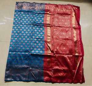 Stunning Blue & Red Banarasi Silk Saree