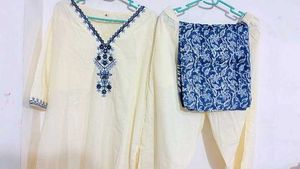 new Cream Kurta Set with Blue embroidery