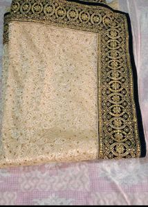 Elegant Cream &amp; Gold Embroidered Saree