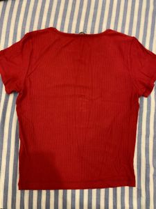 Red Ribbed Crew Neck T-Shirt
