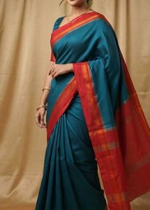 Elegant Teal Saree with Red Border