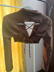 Bershka Brown Cropped Blazer with Back Cutout