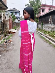 Vibrant Pink Striped pure cotton khadi Saree