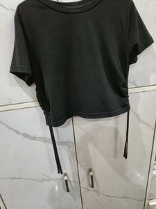 Black Ruched Drawstring T-Shirt
