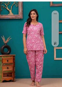 Pink Floral Cotton Night Suit Set