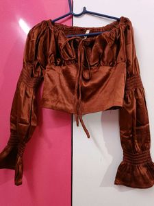 Chic Brown Satin Tie-Front Crop Top
