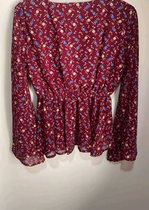 Maroon Floral Print Tie-Front Blouse