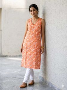Vibrant Orange Floral Sleeveless Kurta