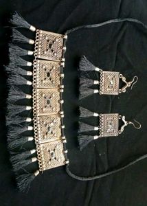 Oxidised Silver Tassel Choker Set