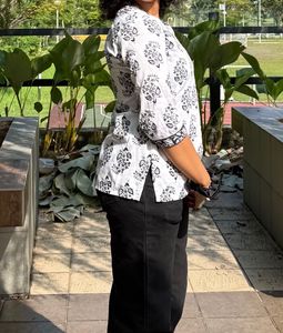 White &amp; Black Floral Print Kurta Top