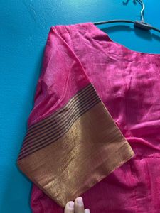 Khadi Silk Pink Blouse with Golden Border Sleeves