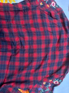 Red Plaid Embroidered Button-Up Shirt