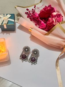 Ethnic Oxidized Silver Earrings with Maroon Stones