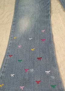 Wide Leg Jeans with  Multicolor Bow Embroidery