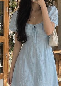 Light Blue Puff Sleeve Mini Dress