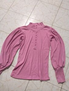 Pink Puff Sleeve Button-Up Top