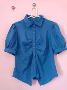 Blue Puff Sleeve Button-Up Shirt