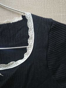 Black Cropped Top with Lace Trim