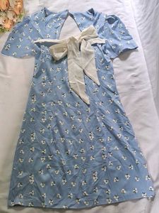 Cute Blue Floral Puff Sleeve Dress