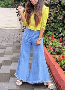 Denim Flare Pants with Frayed Hem