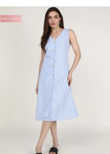 Light Blue Striped Button-Up Midi Dress