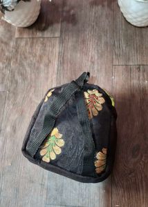 Embroidered Black Pouch with Neon Zipper