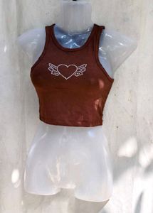 20279. Brown Crop Top with Rhinestone Wings Heart
