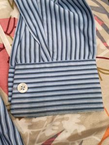 Blue Striped Button-Up Shirt with Tie Details