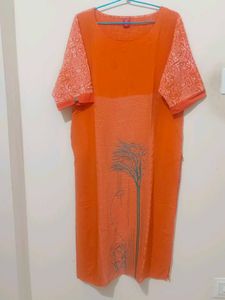 Orange front embroidered and back Printed Kurti