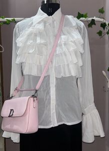 Elegant Ruffled Sheer White Blouse