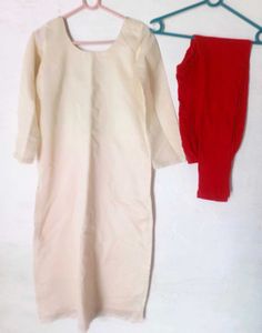 Very V,Beautiful Cream Kurta And Red Legging