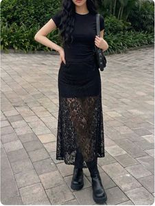Black vintage long lace skirt