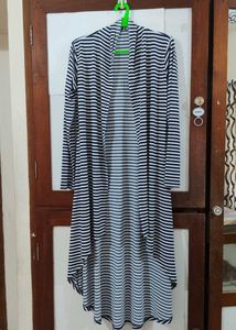 Striped Open Front Long Cardigan