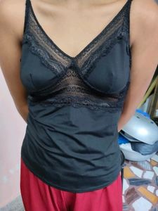 Lace Trimmed Black Camisole Slip