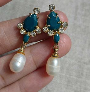 Blue stone pearl drop earrings