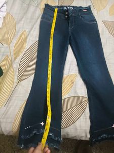 Blue Denim Flare Jeans with Frayed Hem